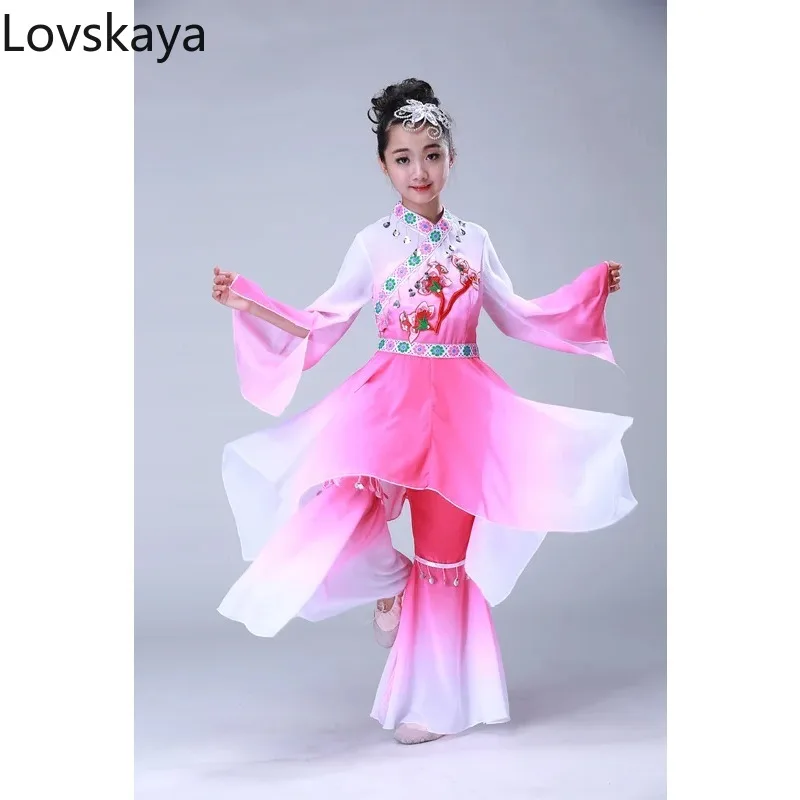 Chinese Folk Children Fan Yangk Classical Dance Stage Performance Clothing Dance Costumes Girls Embroidery Elegant