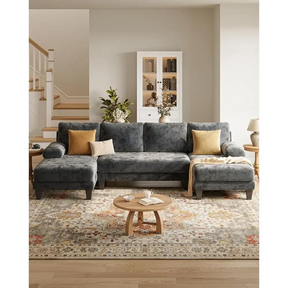 112 Sofá secional chaise cinza escuro para apartamentos |   Móveis de sala em forma de U