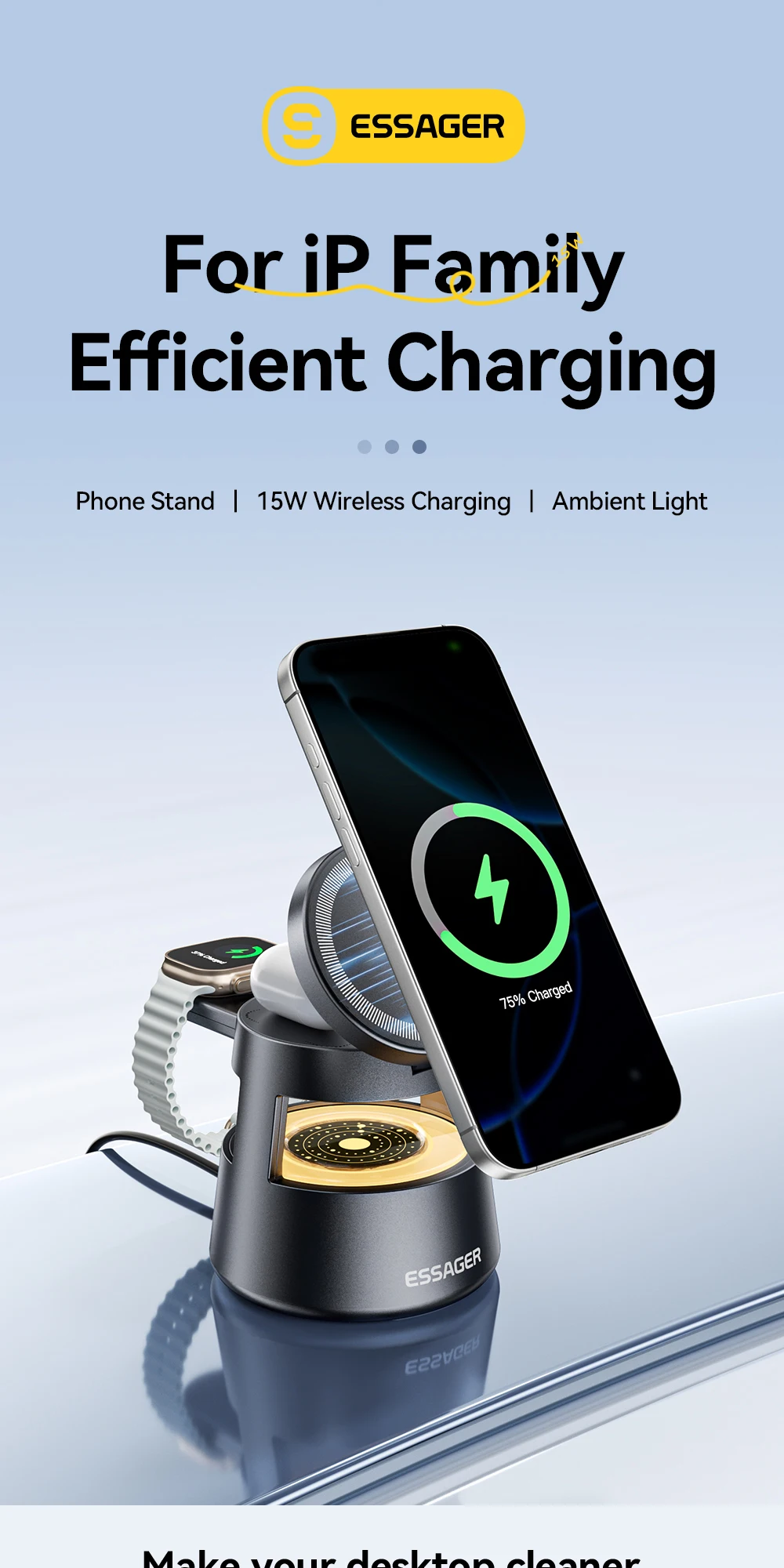 Essager 4 in 1 Magnetic Wireless Charger Stand for iPhone 16 15 14 13 12 Apple Watch 9 8 Airpods Pro 15W Fast Charging Station