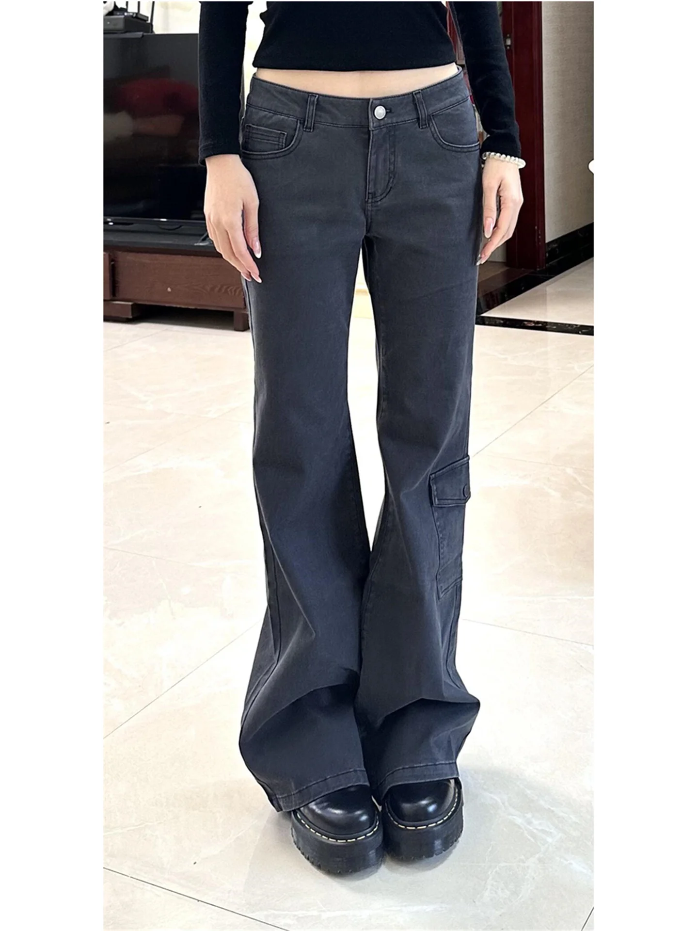 

Retro American Low Waist Workwear Jeans Women's Extended Length Tall Size Greyish Blue Slimming Long Bell Bottoms