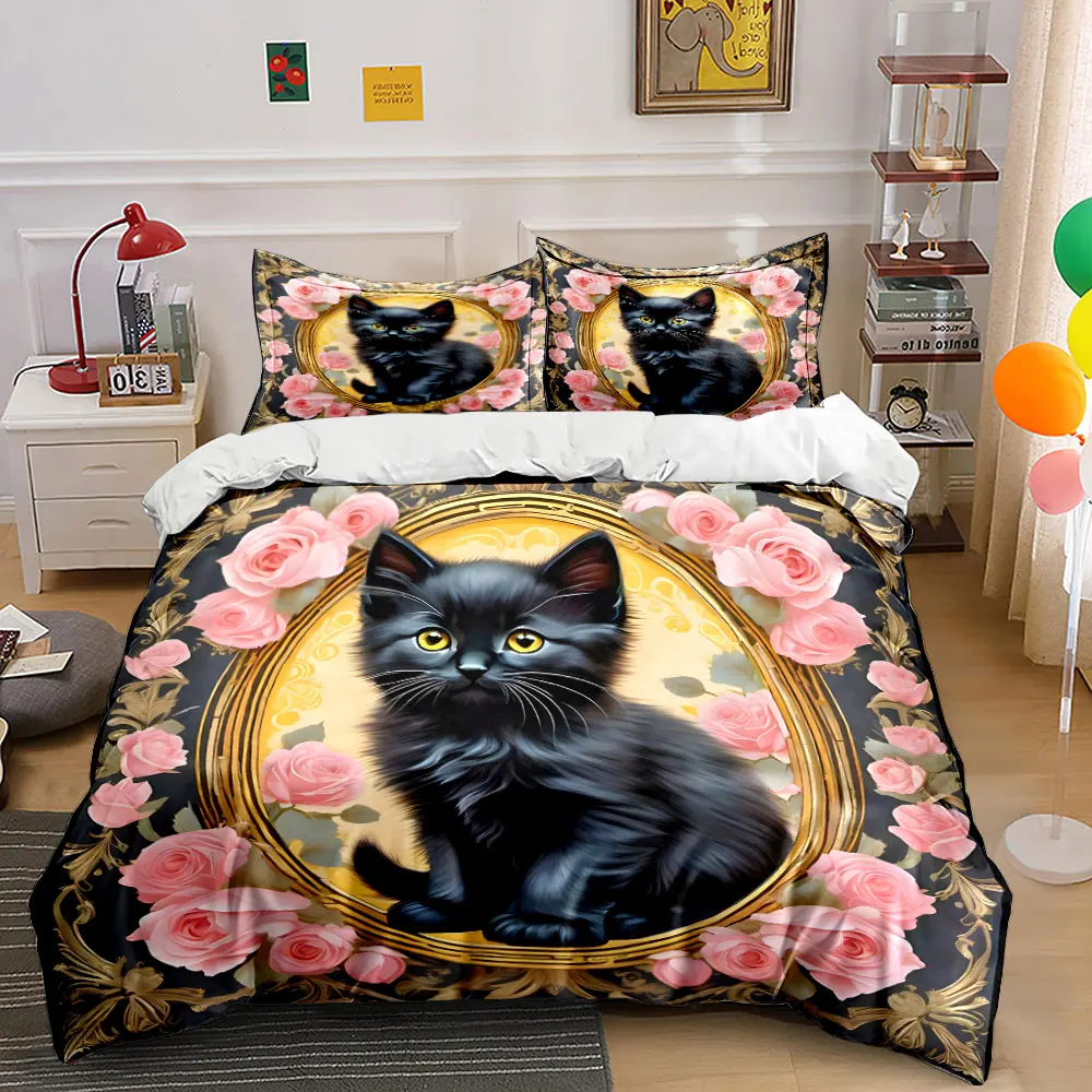 Black cat with rose frame Duvet Cover Set with 3D Printing Design Soft Polyester Bedding Set All-Season Comfort for gifts
