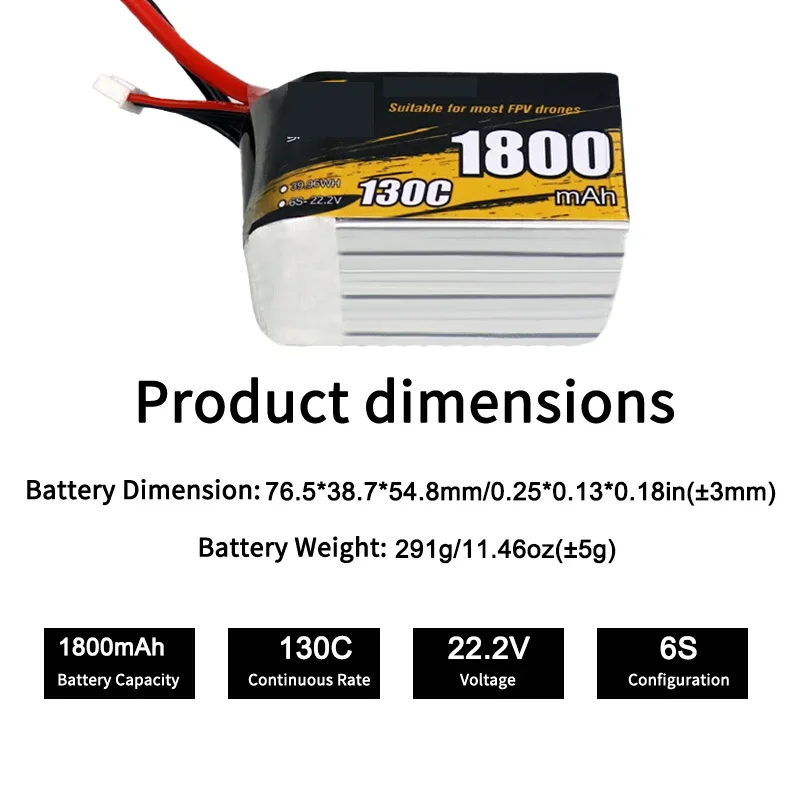 Top Performance 1800mAh 6S 130C Medium Rate Smooth Discharge High Compatibility Lipo Battery For FPV Drone Models