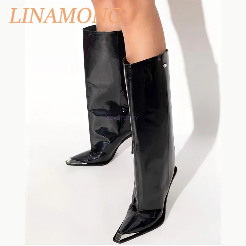 Metal Pointed Loose Fitting Straight Leg Boots Fashionable One Foot Kick Slim High Heels Long Leg Boots Black Knight Boots