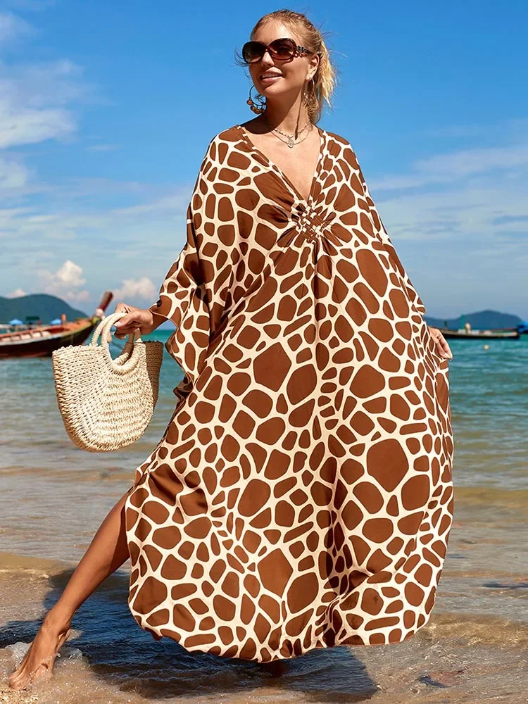 2025 nuevo vestido playero a rayas de cebra para mujer, bata con cuello en V, vestido largo elegante de talla grande para playa, traje de baño a la moda, ropa de playa para cubrir