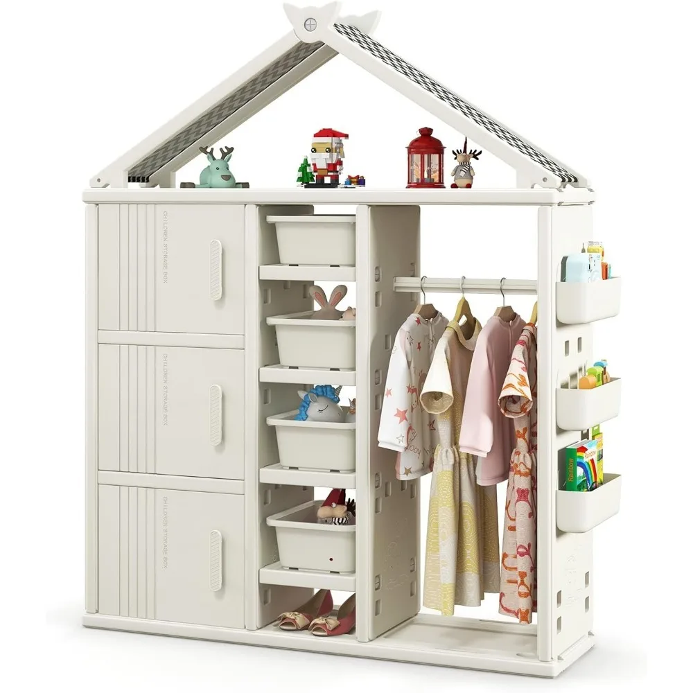 Kids Costume Storage Closet,Children Pretend Dresser Wardrobe,Open Hanging Armoire Closet with Storage Bins Shelves,Side Baskets