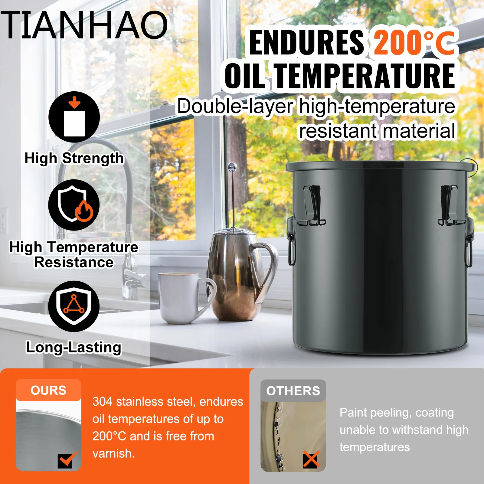 SucceBuy 8Gal Fryer Grease Bucket Oil Disposal Caddy Stainless Steel Fryer Oil Bucket Rust-Proof Coating Oil Transport Container