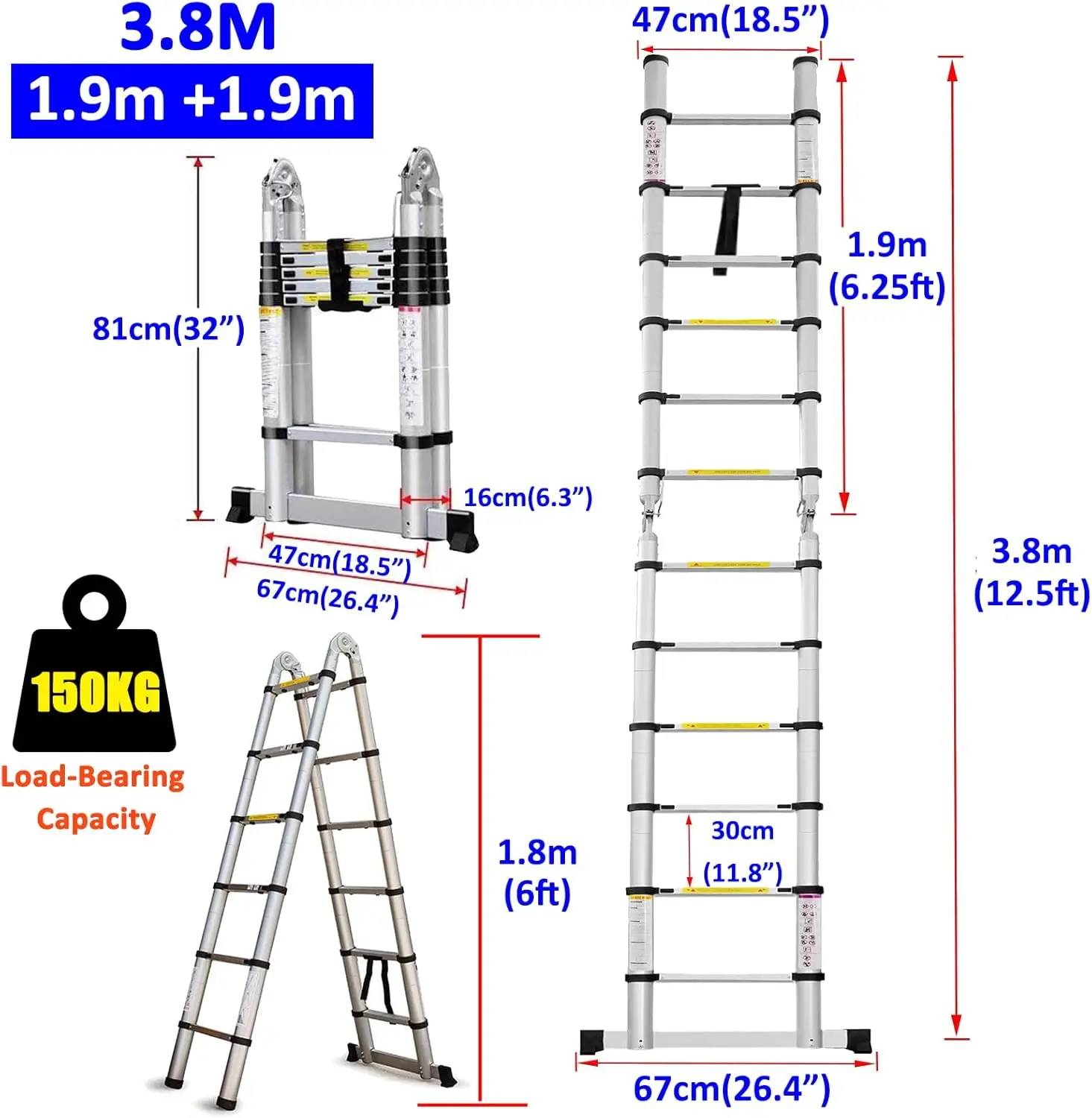 Ladder A Frame 3.8M Aluminum Portable Folding Extendable Extension Ladder with 12 Adjustable Steps & Stabilizer Bar for Home Off