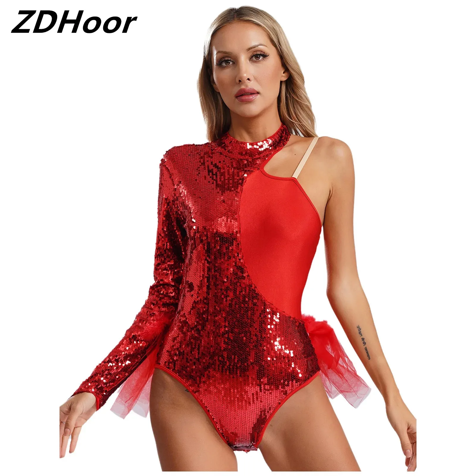 

Women Feather Dance Leotard Sparkly Sequin Tulle Skirted Leotard Asymmetrical Shoulder Mock Neck Bodysuit Performance Costume