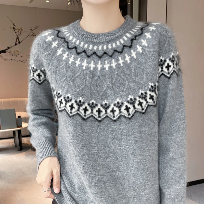 Luxury Women's 100% Merino Wool Sweater Cashmere Round Neck Thick Knit Pullover Casual Soft Comfortable Warm Long Sleeved Top - Detail 1