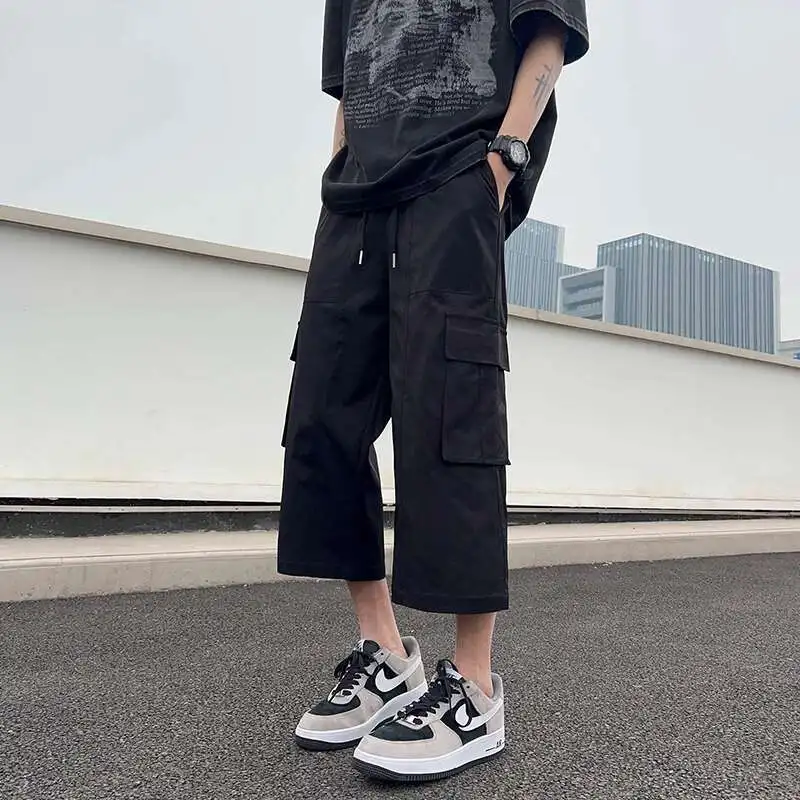 Summer Casual Pants Men Fashion Pocket Cargo Pants Men Japanese Streetwear Hip-hop Loose Wide Leg Pants Mens Cropped Pants