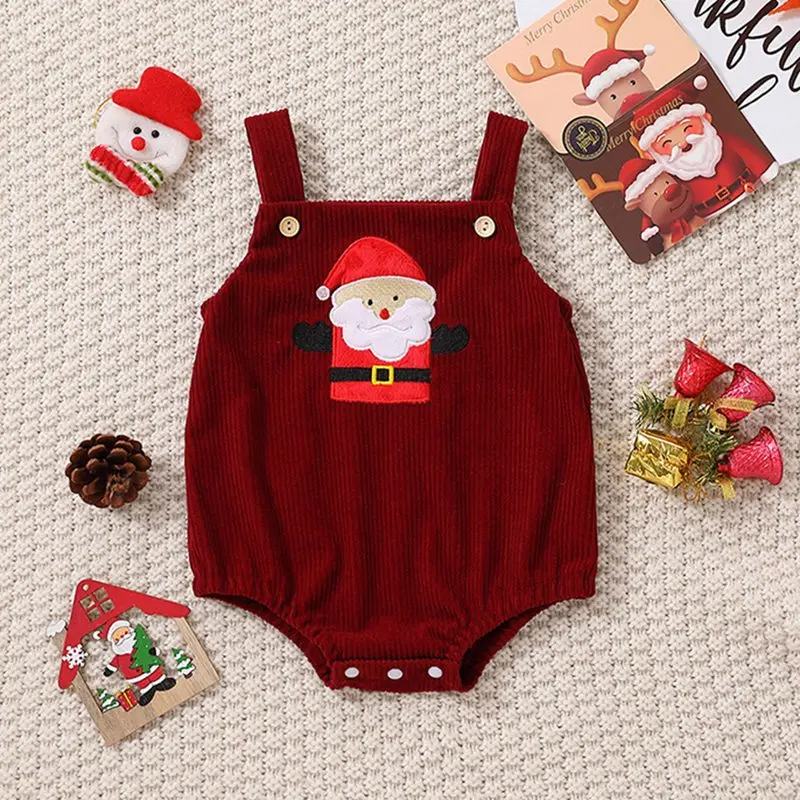 Christmas Newborn Baby Bodysuit Cute Santa Christmas Tree Elk Corduroy Strap Pants Boy Girl Romper Jumpsuit Overall Xmas Costume