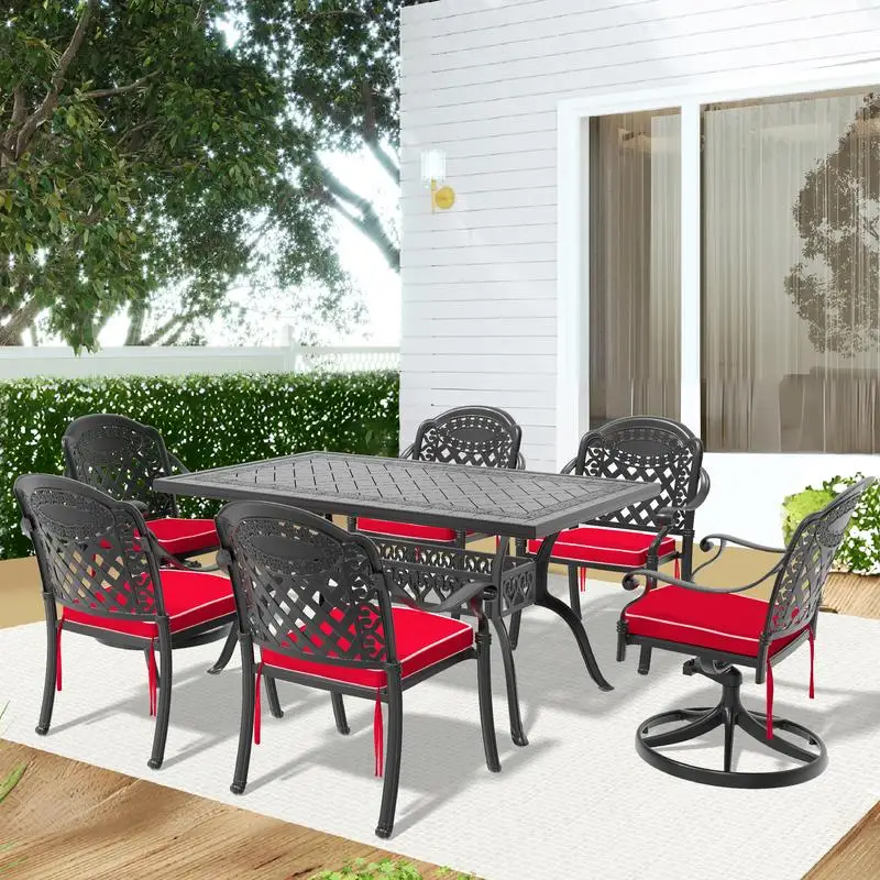 

7-Piece All-Weather Cast Aluminum Dining Set with 2 Swivel Chairs, 4 Dining Chairs, and Rectangular Table in Black Frame for
