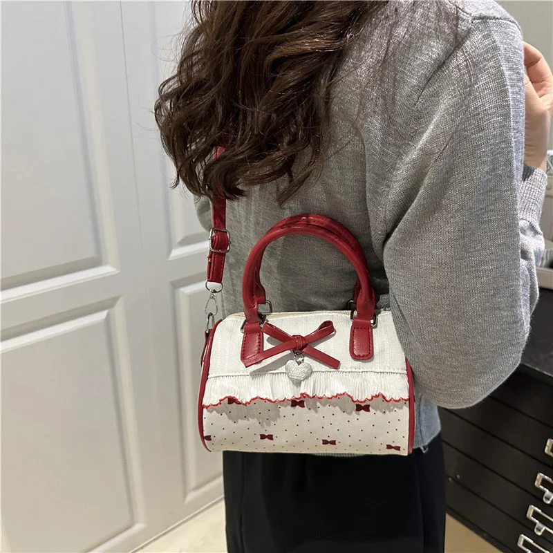 Koreanische Bogen Polka Dot Tasche Mode Bowler Tasche Farbe-blockiert Spitze Y2k Stil Handtasche Retro Süße Plaid Crossbody Zipper schulter Tasche – Detail 23