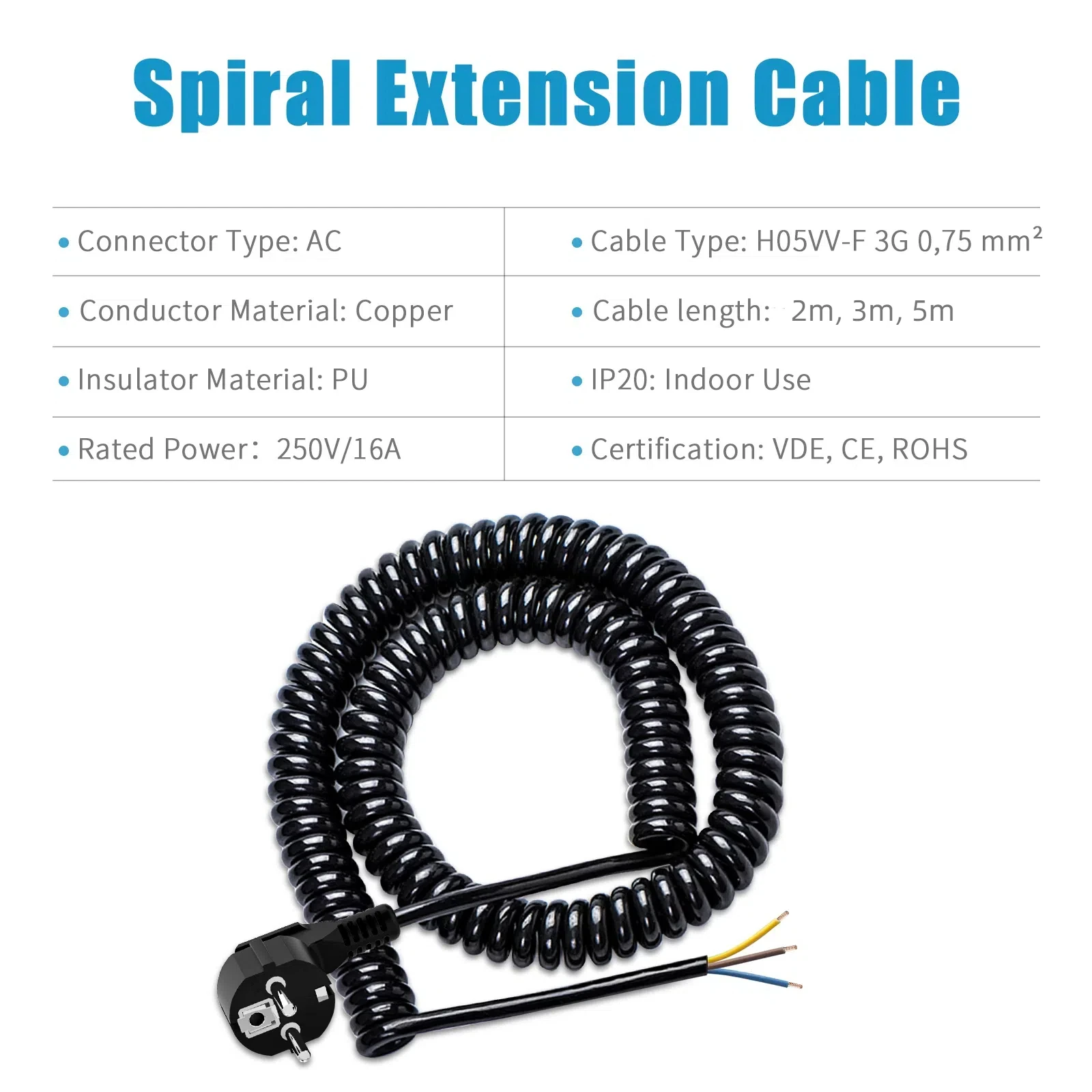 2/3/5 m Euro gauge Replaceable coil cable 250V 16A ground contact male plug end 6cm extension cord for electrical appliances