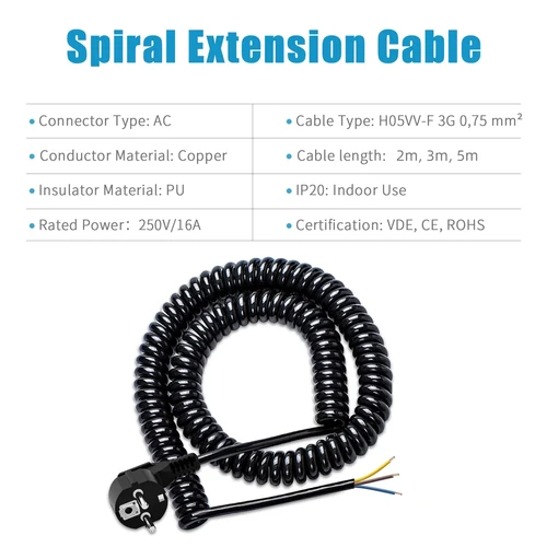 Imagen 2 del producto Cable de bobina reemplazable de calibre europeo, 2/3/5/7/10m, 250V, 16A, contacto de tierra, extremo de enchufe macho, cable de extensión de 6cm para electrodomésticos