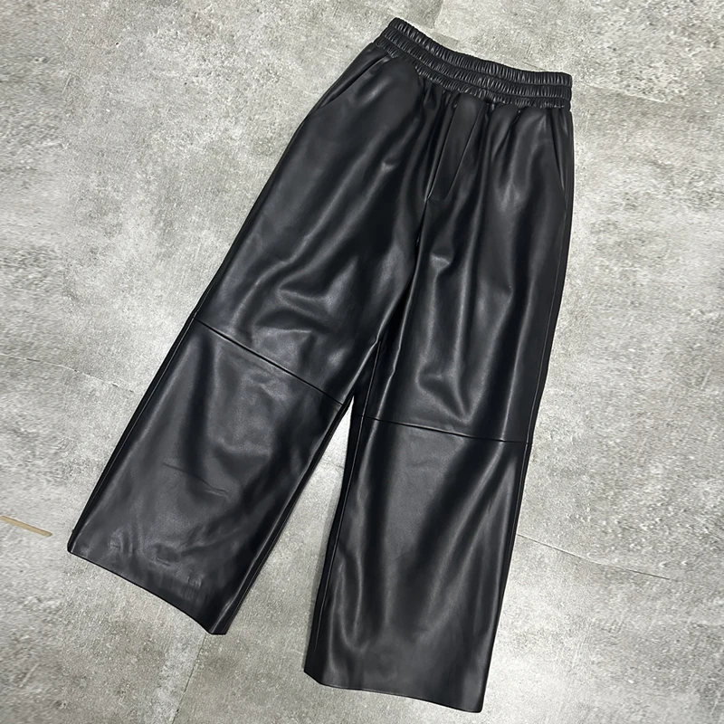 2023 Genuine Leather Wide Leg Casual Pants for Women Fall Winter Fashion Elastic High Waist Ladies Sheepskin Calf-Length Pants