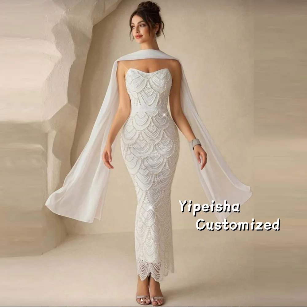 

Customized Luxury Arabic White Pearls Beaded Strapless Mermaid Evening Dress Gowns For Formal Ankle Length Sleeveless Prom Gowns