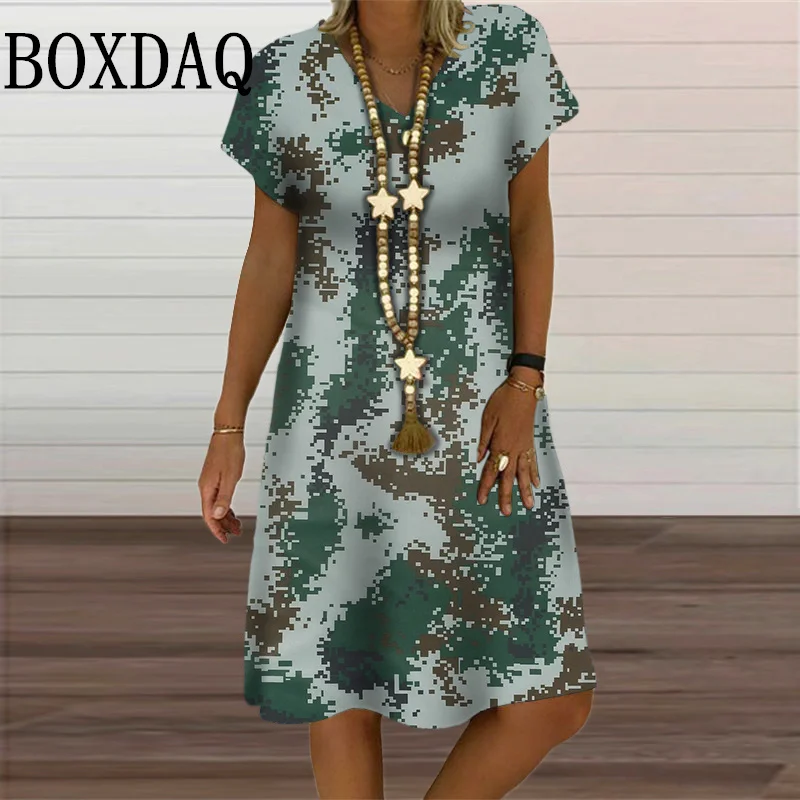 2024 Women Dress Camouflage Print Midi Dresses Fashion Streetwear Short Sleeve Vestidos Casual V-Neck Oversized Summer Clothing