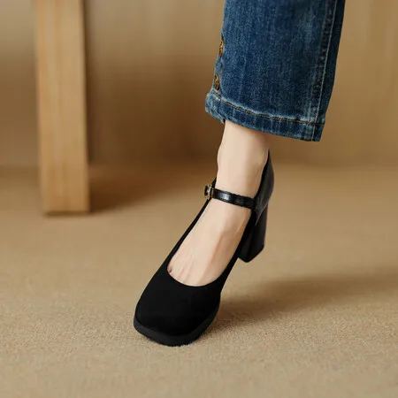 Women High Heels Shoes Black Sexy 2024 Spring and Autumn Ankle Strap Solid Color Artificial Fur Double Button Mary Jane Shoes 43