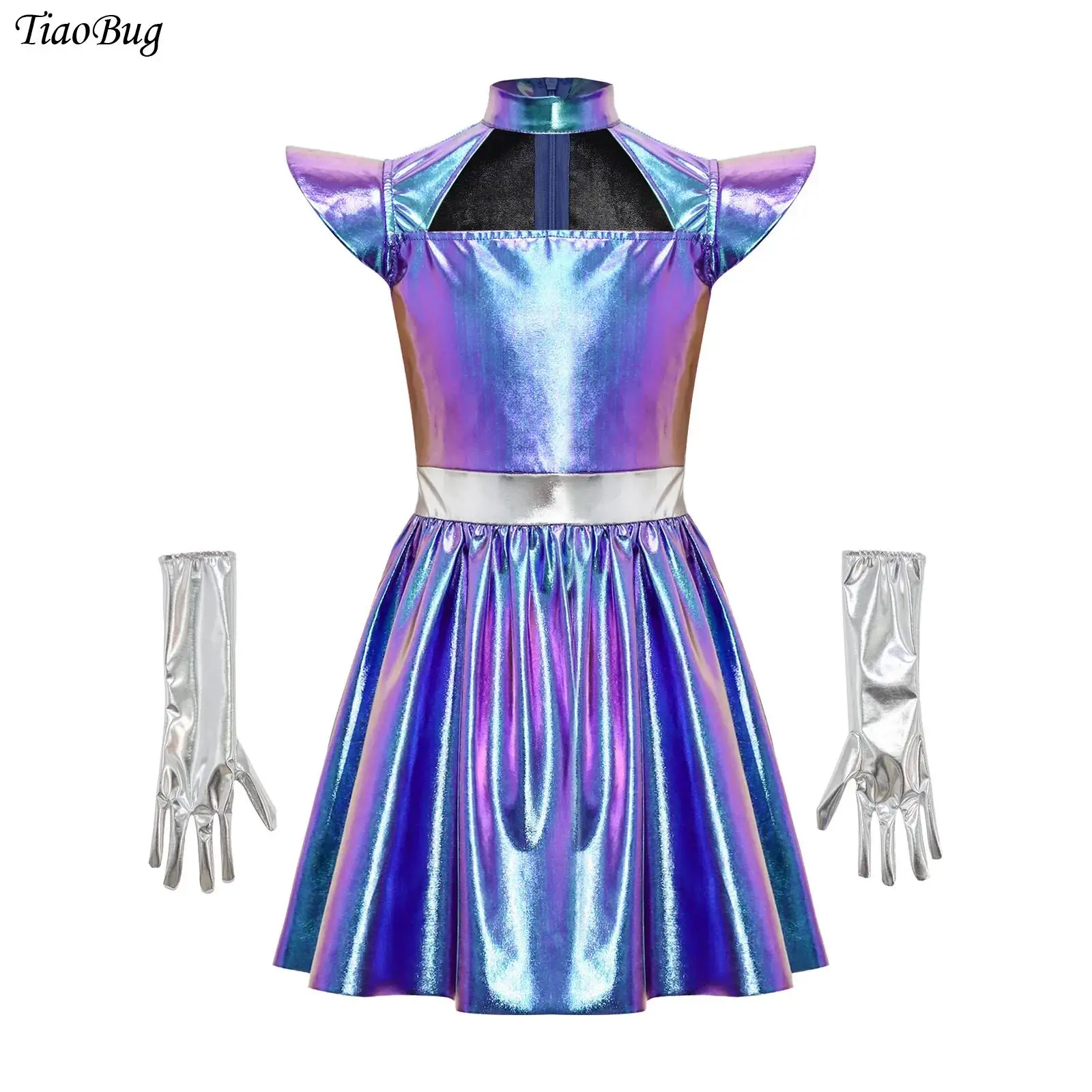 

Girls Alien Future World Costume Halloween Outerspace Astronaut Robot Cosplay Metallic Flying Sleeve A Line Tutu Dress +Gloves