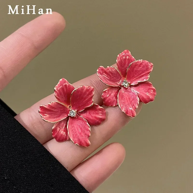 

Mihan Modern Jewelry 925 Silver Needle Red Flower Earrings Hot Sale Spring Summer Style Big Stud Earrings For Women Girl Gift