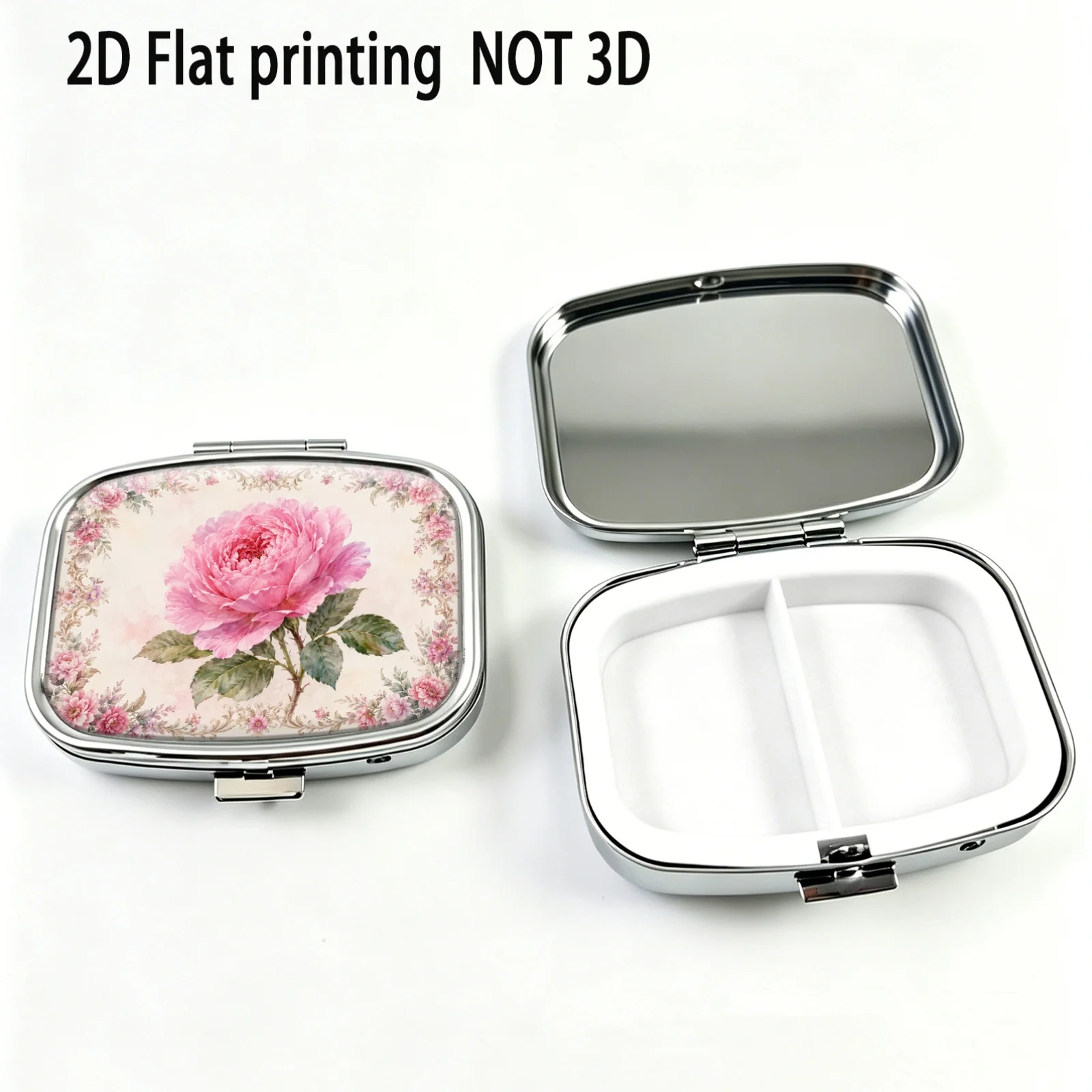 Vintage Lace Border with Floral Patterns of Pink Peonies and Roses, Small Square Pill Organizer with Two Compartments, Portable Medicine Storage, Can Also Be Used as a Home Portable Organizer, Decorative Box, Perfect for Handbags, Wallets, and Travel, Metal Storage Box, Small Jewelry Organizer, Ideal for Holiday Gifts, Souvenirs, Prizes, and Small Gifts view 4