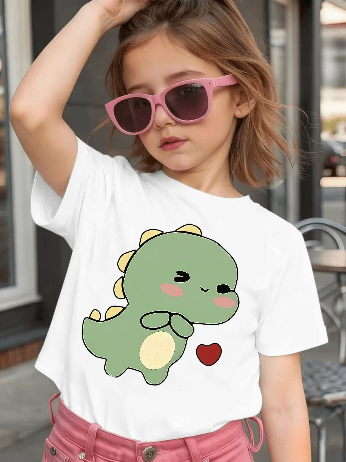 Winking Heart Dinosaur Print Kids T Shirt Cotton Short Sleeve Boys Girls Parent Child Matching Sweet Summer Casual Daily Tees