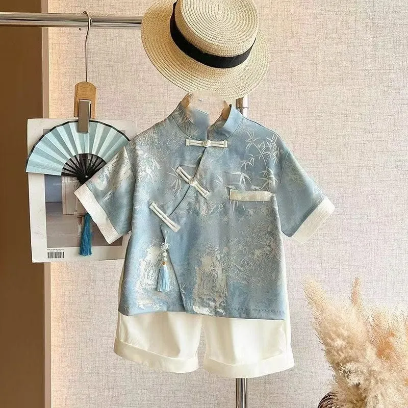 

2026 Children's Summer Top Pants 2-Piece Creative New Chinese Fashion Boys' Short Sleeved Buckle Top Kids' Clothing Set LJ706