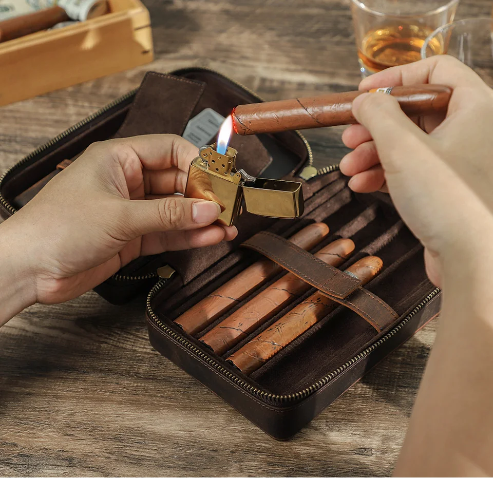 Contact's Family Echtes Leder Zigarre Reiseetui Halter Männer mit Feuerzeugschneider Tasche Humidor Box Zigarre Zubehör Geschenkset – Detail 3