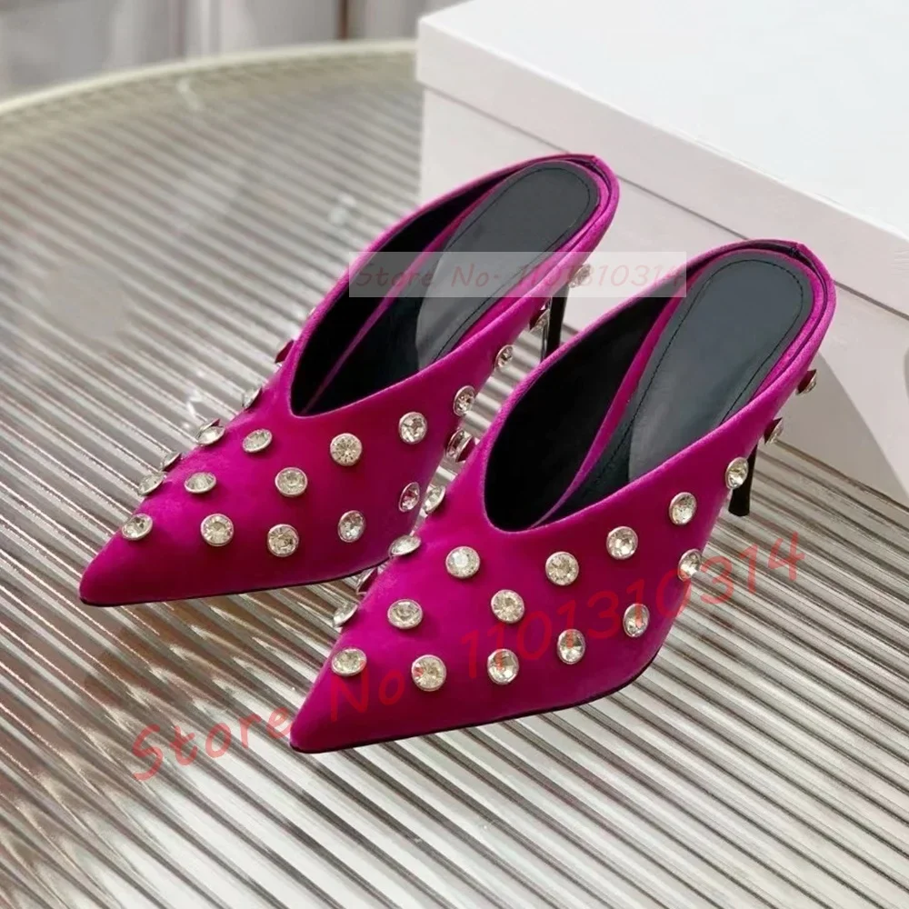 Velvet Pointy Gems Mules Women Real Leather Luxury Crystal V-shape High Heels Slippers Ladies Casual Bling Fashion Shallow Shoes