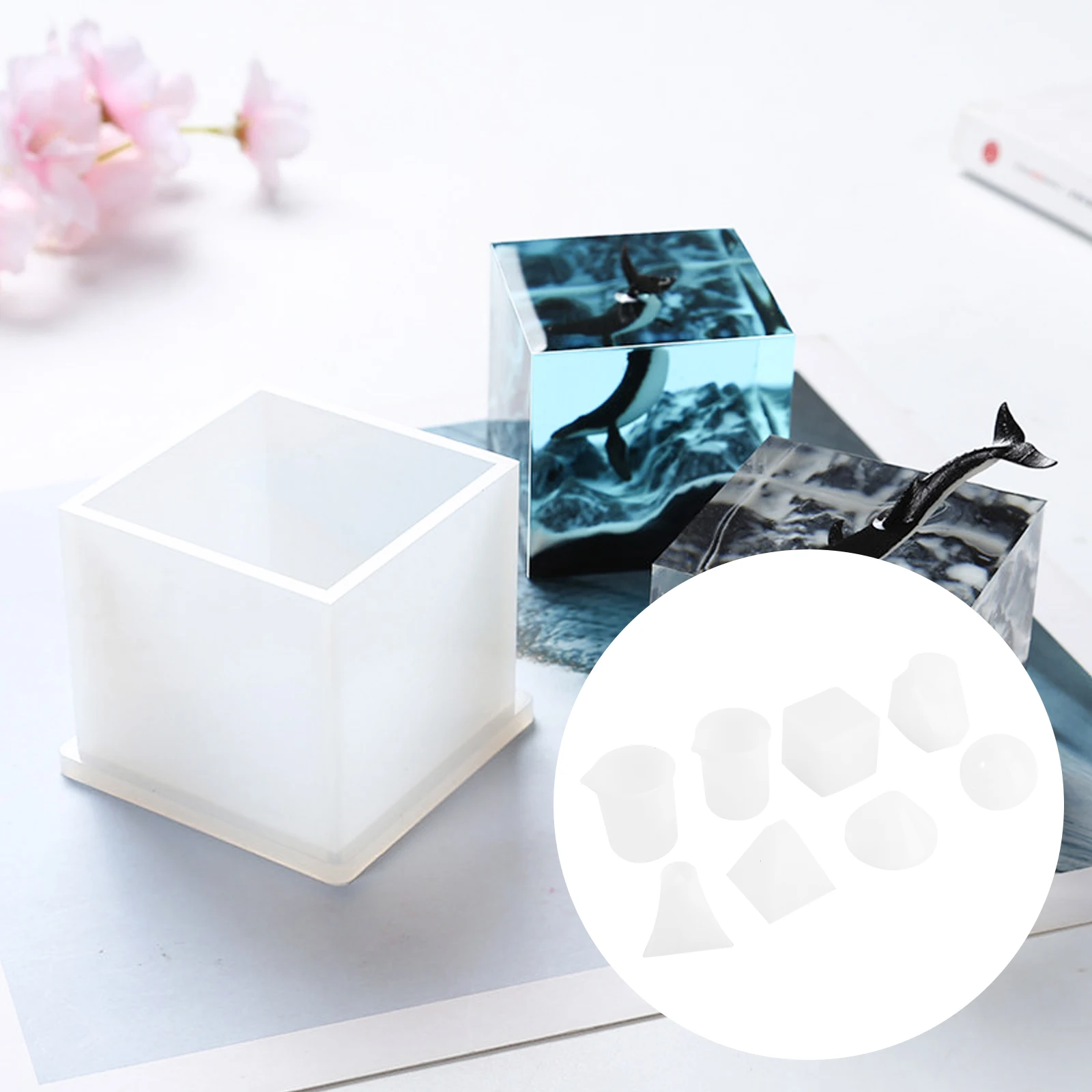 

18pcs Silicone Molds Set for Resin Casting Epoxy DIY Crafts Sphere Cube Diamond Pyramid Shapes Measurement Cup Wood Sticks