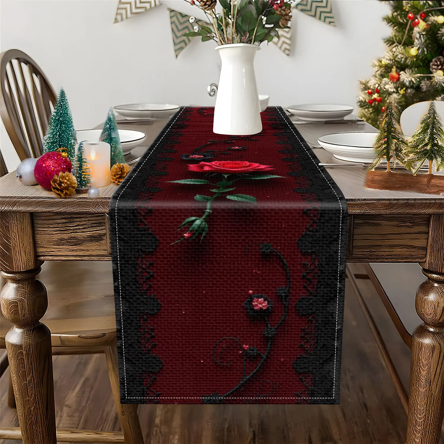 1 Piece of Dark Rose Table Runner, Decorated with Red Roses and Lace Patterns, Suitable for Gothic-Style Homes and Romantic Themed Parties