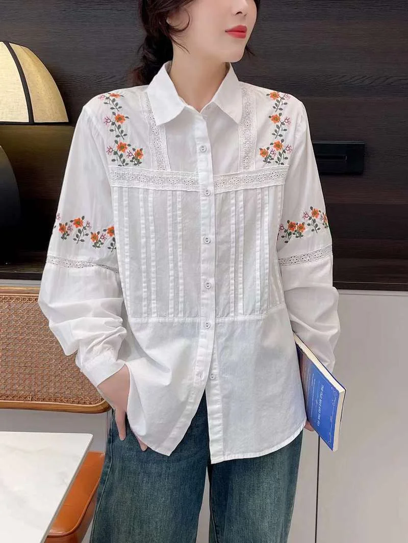 2024 Chic and elegant women blouse long sleeve lapel lace patchwork white shirts with embroider ladies clothes top female