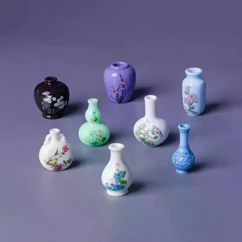 8Pcs Mini Vase Resin Figurine Imitation Porcelain Bottle Creative Micro Landscape Ornament DIY Home Desktop Decor Accessories