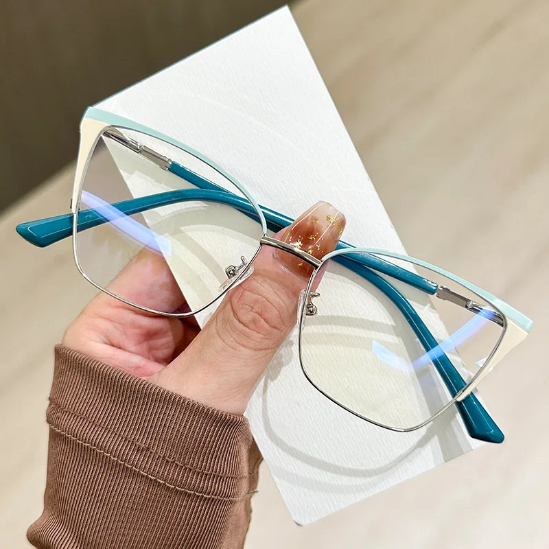 Cat Eye Color Blocked Flat Glasses Women's Anti Blue Light Glasses Holder No Degree Pink Gold Decorative Glasses
