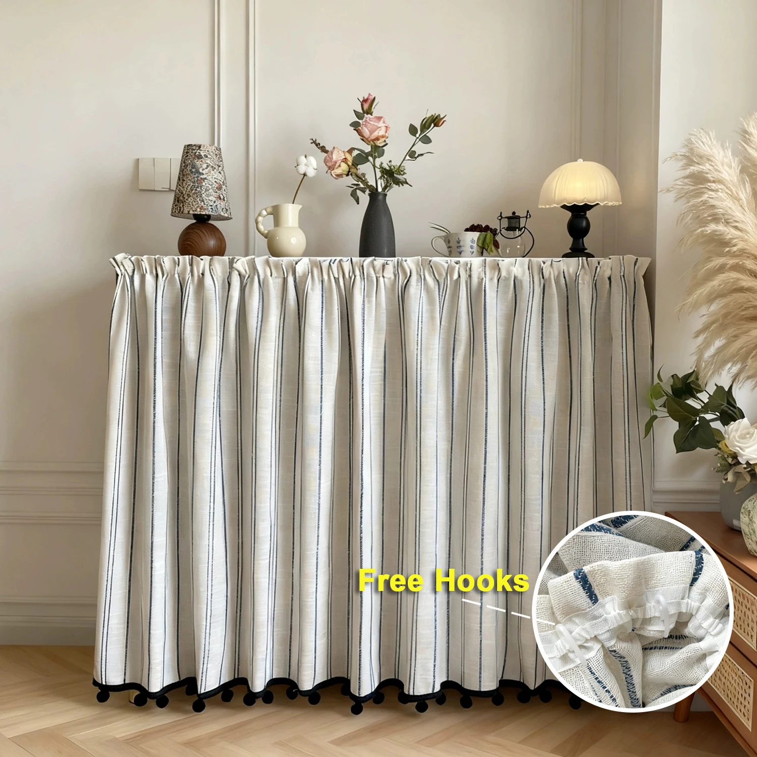 Japanese Style Simple Vertical Striped Faux Linen Curtain with Black Pompom Trim, Farmhouse Curtain for Kitchen, Cabinets, Sink