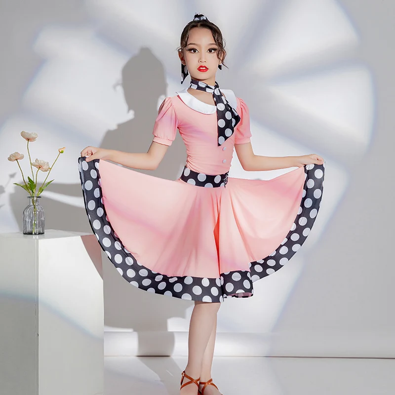 

Розовый костюм для латинских танцев для девочек, платье в горошек с короткими рукавами, одежда для выступлений в стиле румба, платье для соревнований BL14000