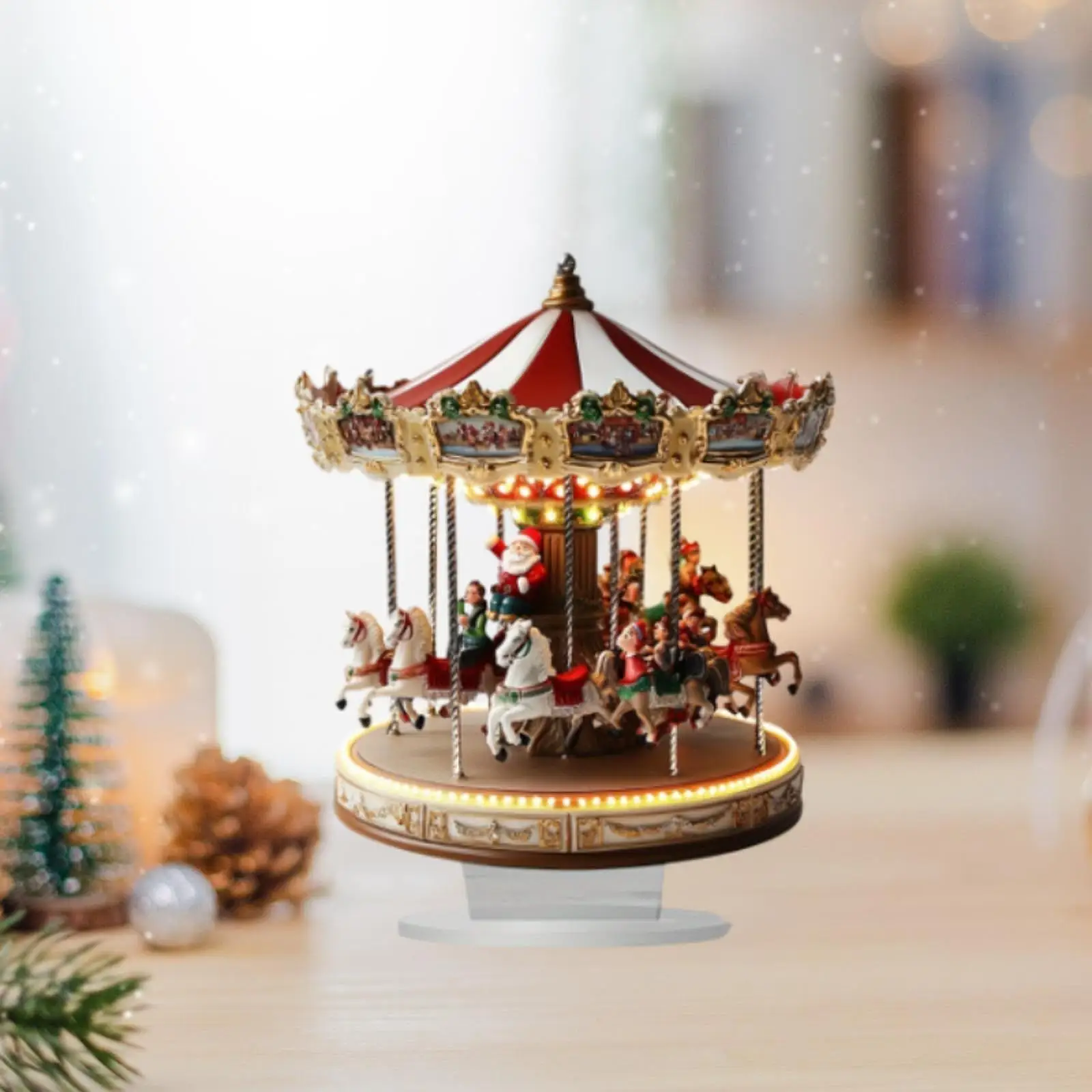 LED Christmas Carousel Figurine Decoration Rotatable Animated Carousel Ornament with Light for Home Decor Anniversary Birthday