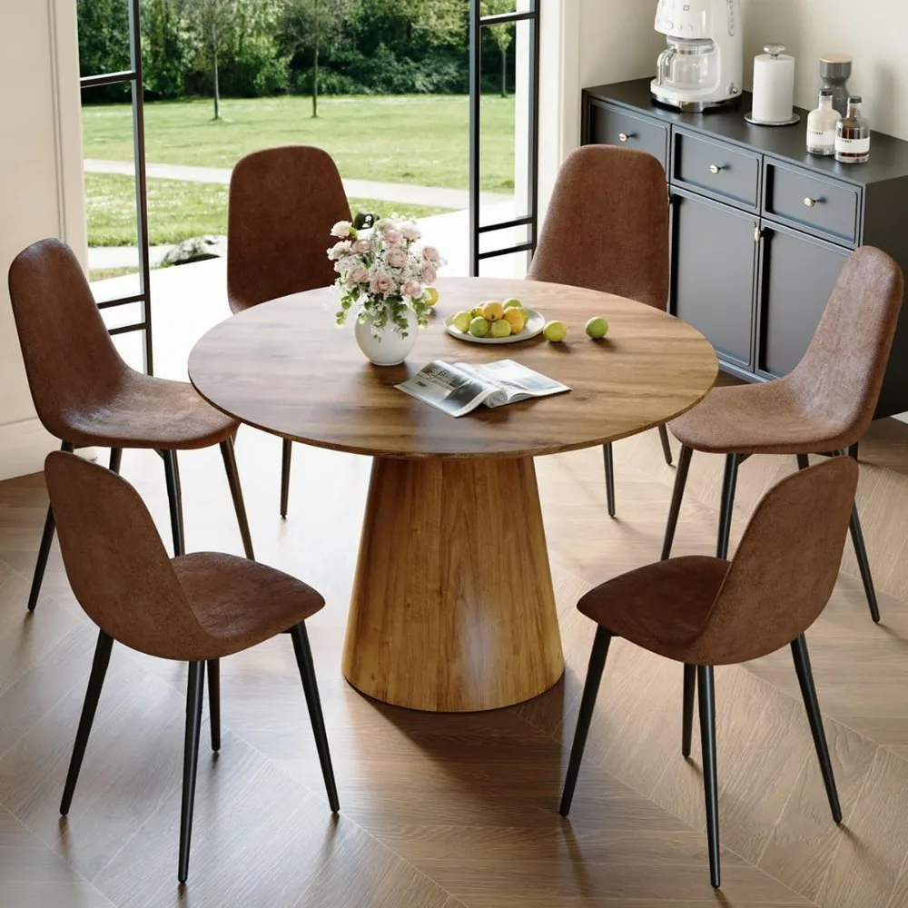 

Round Dining Table Set for 6, 45''Round Wooden Dining Set with Cushioned Chairs for Kitchen Table and Chair Set