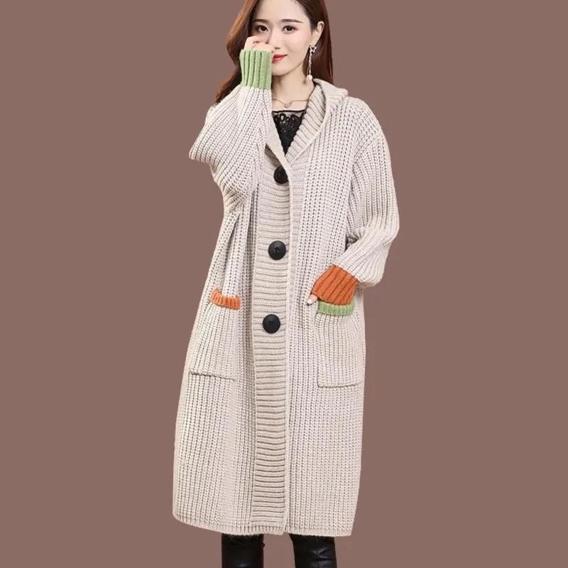 Autumn Winter New Heavy Industry Twist Sweater Coat Women's Outer Wear Loose Mid-length Large Pocket Hooded Knitt Cardigan Coat