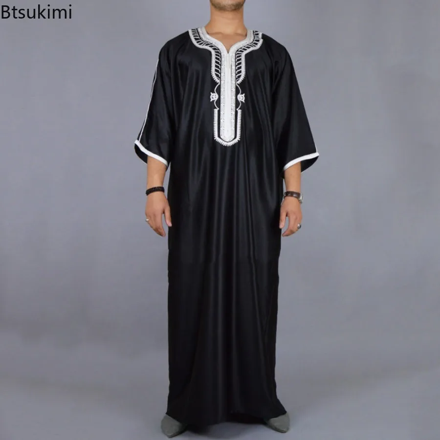 

2025 New Kaftan Muslim Men Clothes Moroccan Short Sleeve Robe Ethnic Style Embroidery Loose Casual Robe for Islamic Caftan Homme