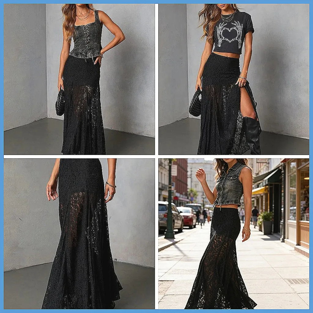 

Women's Black Lace Maxi Skirt High Waist Flared Hem Sheer Long Skirt for Party Evening