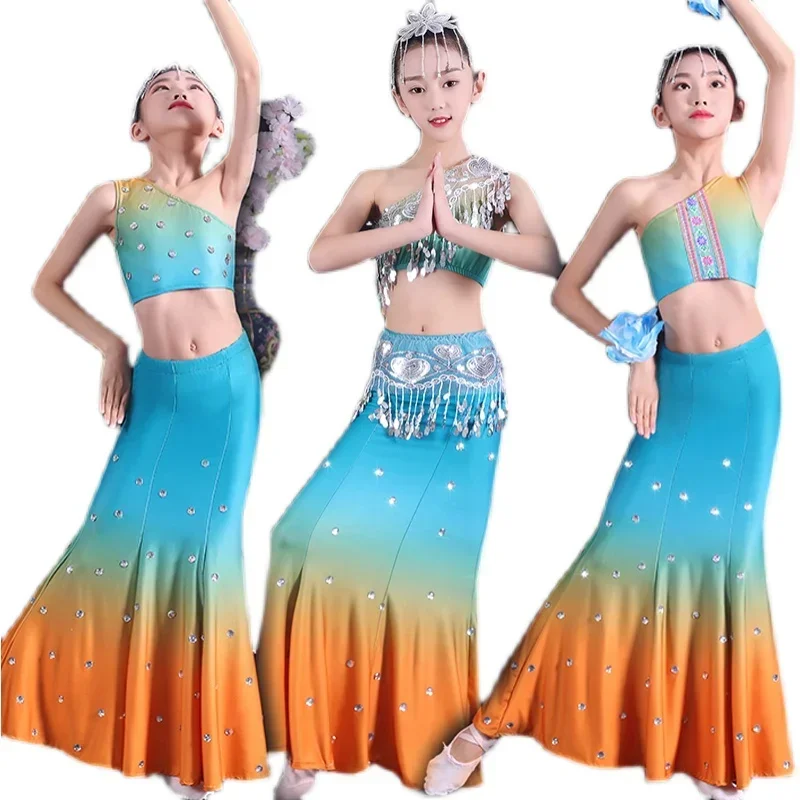 Strój narodowy dla dziewcząt do tańca pawia, rybka, Dai, taniec ludowy, kostium sceniczny do tańca pawia, występ.