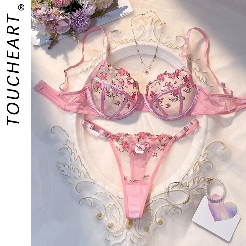 

Toucheart Sexy Floral Lingerie Panty Lace Embroidery Slim Backless See-through Interesting Erotic Hollow Seductive Underwear Set