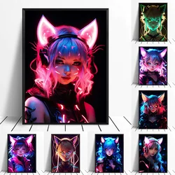 Cute Neon Anime Cat Girl Posters and Prints Canvas Painting Beautiful Girl Manga Wall Art Pictures for Home Game Room Decoration