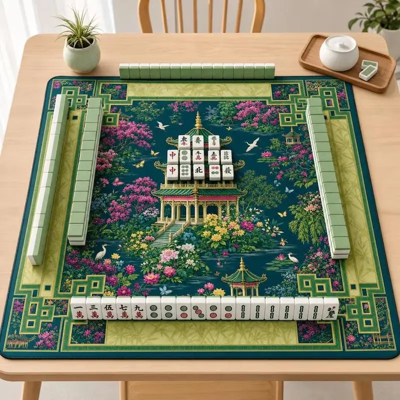 VIKAMA Oriental Garden Crane Mahjong Mat Anti Noise Non Slip Rubber Pad Portable Washable American Mah Jongg For Ladies Party