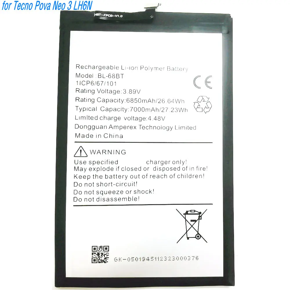 بطارية ليثيوم أيون بوليمر 3.89 فولت 26.64 وات في الساعة BL-68BT للهاتف المحمول Tecno Pova Neo 3 LH6N #1