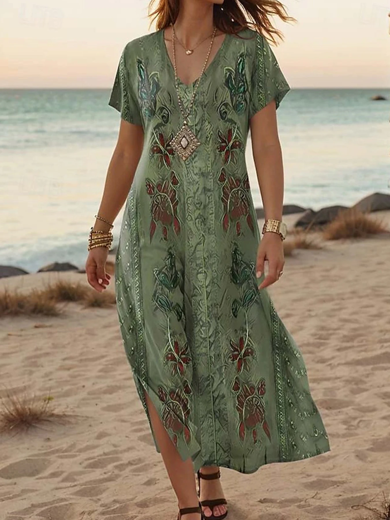 レディース マキシドレス カジュアル 半袖 Aライン Tシャツドレス スタイリッシュ Vネック レギュラーフィット プリント プルオーバードレス レディース ファッション用