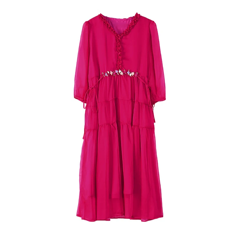 여성용 보호 레드 쉬폰 시크 아플리케 미디 원피스, 우아한 바디콘 프릴 브이넥 원피스 2025, 한국 패션 캐주얼 원피스, 여름