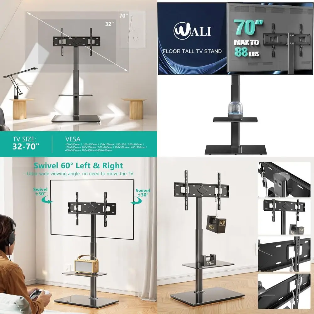 TV Floor Stand for 32-70inch TVs up to 88lbs, Universal Floor TV Stand Mount, Swivel and Height Adjustable Tall TV Stand with Te